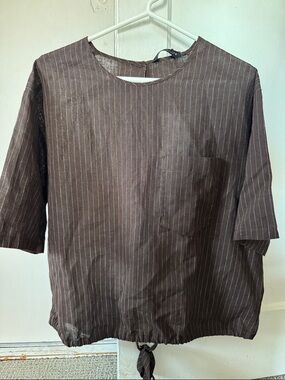 Zara Brown Linen Pinstripe Women's Short-Sleeve Blouse